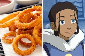 On the left, onion rings, and on the right, Katara from "Avatar: The Last Airbender"
