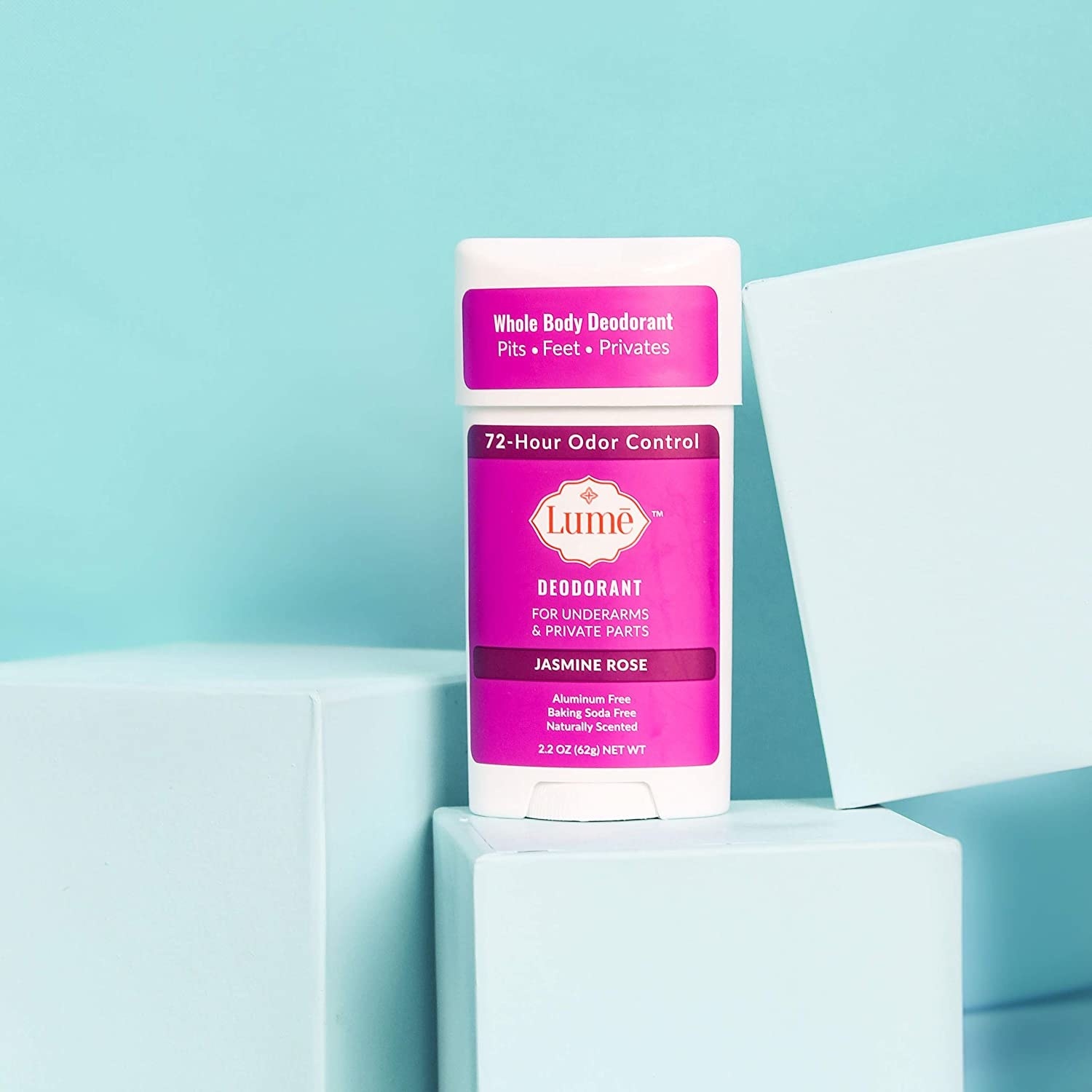 Product photo showing Lume aluminum free deodorant for underarms and private pars.