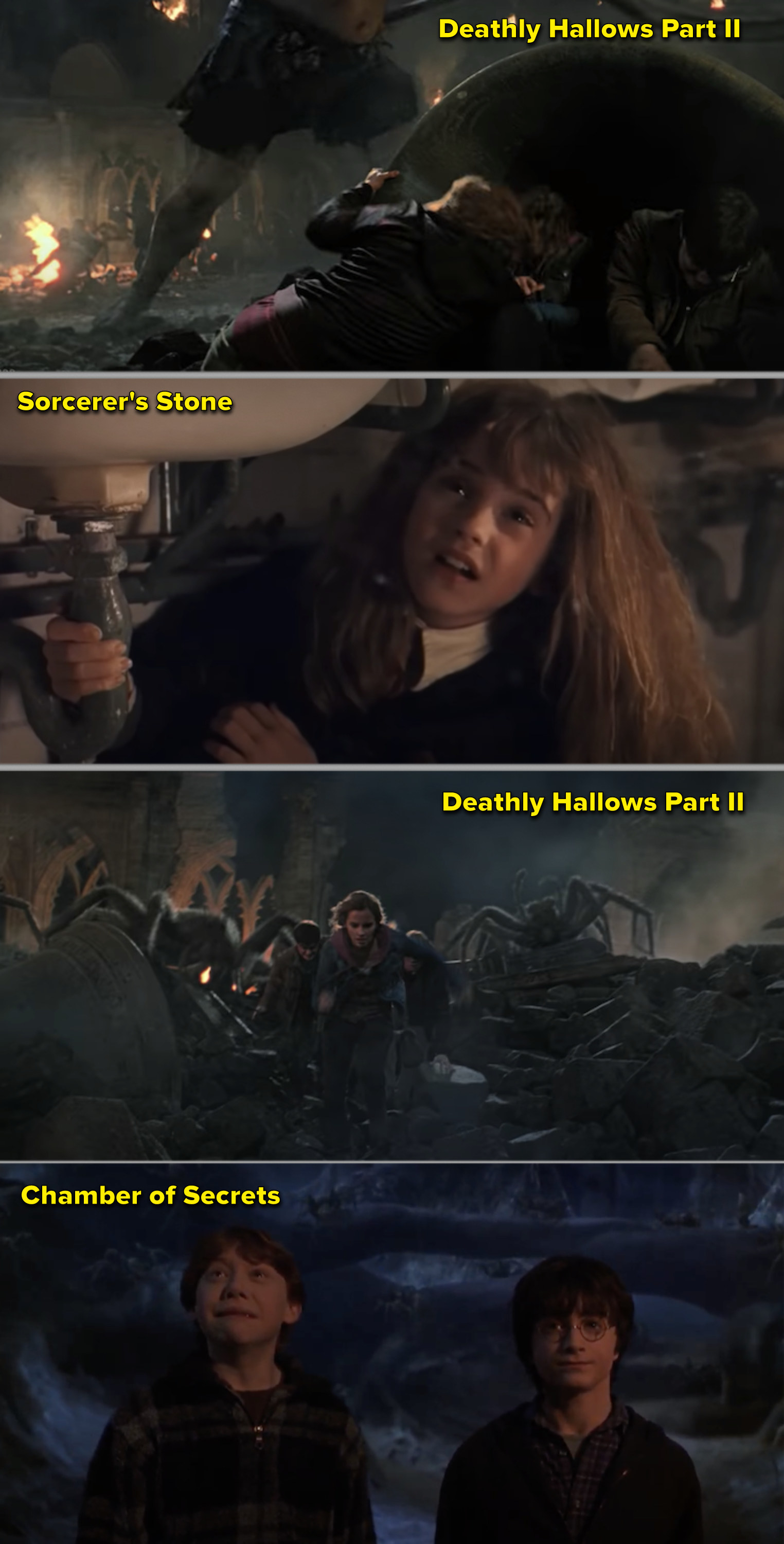 Side-by-sides of Harry, Ron, and Hermione fighting trolls, then spiders