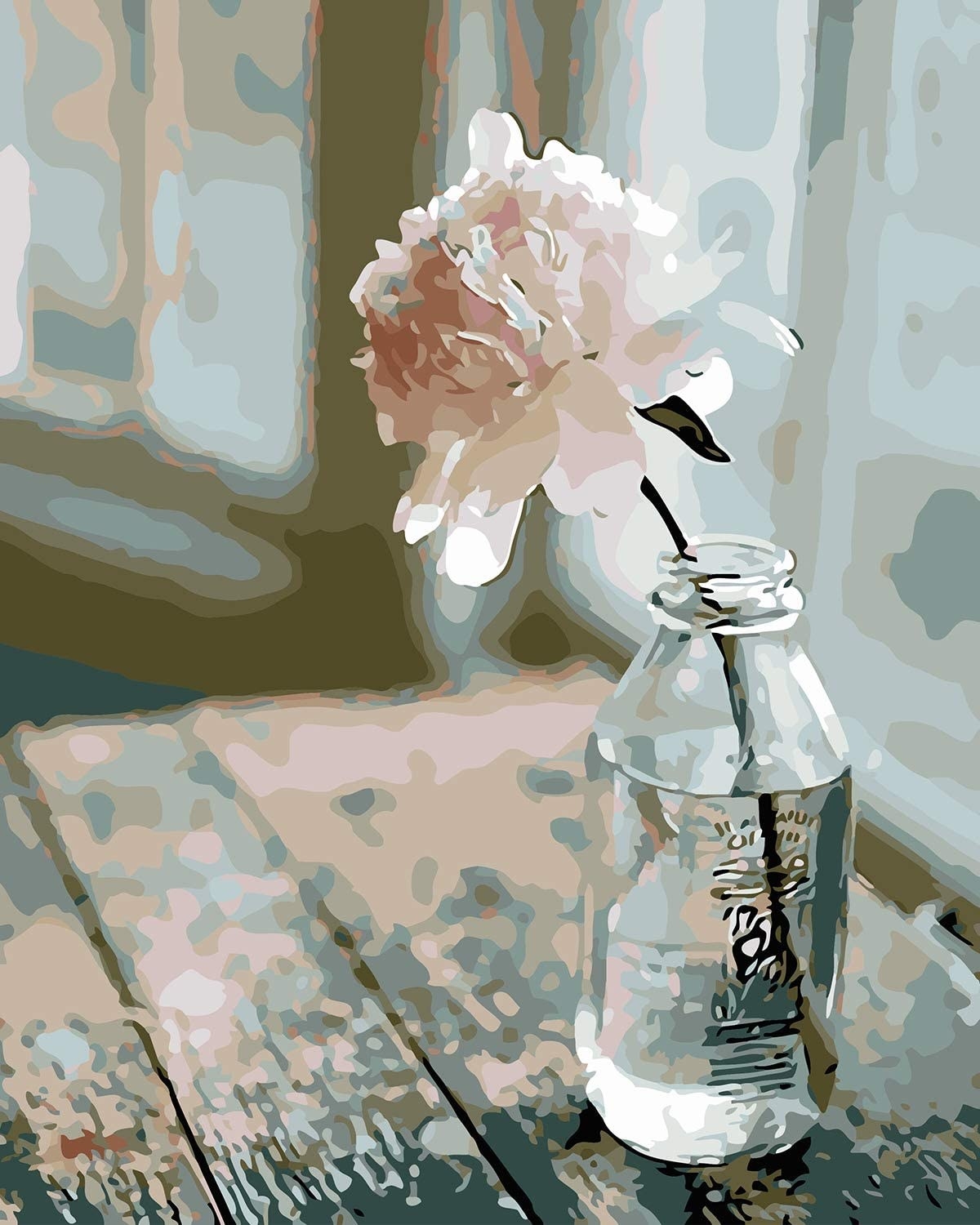 a painting of a single pink flower in a clear jar propped on a rustic table in a kitchen