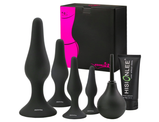 Four-piece black anal plug set with different-shaped plugs, a cleaner, and black tube of lube