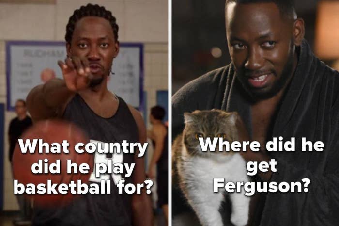 &quot;What country did he play basketball for?&quot; with Winston and a basketball and &quot;Where did he get Ferguson?&quot; with a picture of Ferguson