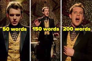 Three screenshots from the Mr. Brightside music video with labels "50 words," "150 words," and "200 words"