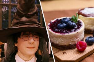 Harry Potter is wearing a sorting hat on the left with a plate of cheesecake on the right