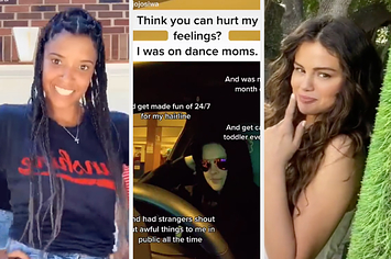 Renée Elise Goldsberry dancing, JoJo Siwa saying no one can hurt her feelings because she was on Dance Moms, and Selena Gomez hanging out by a tree