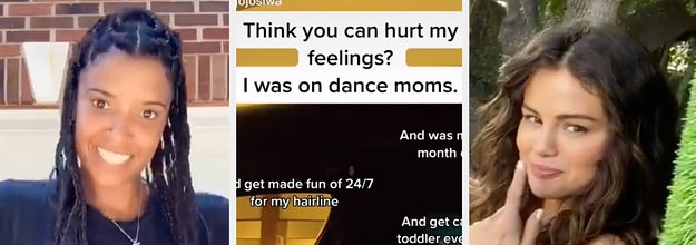 Renée Elise Goldsberry dancing, JoJo Siwa saying no one can hurt her feelings because she was on Dance Moms, and Selena Gomez hanging out by a tree