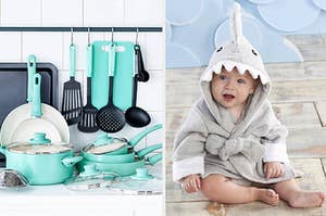 to the left: teal pots and pans, to the right: a baby in shark robe