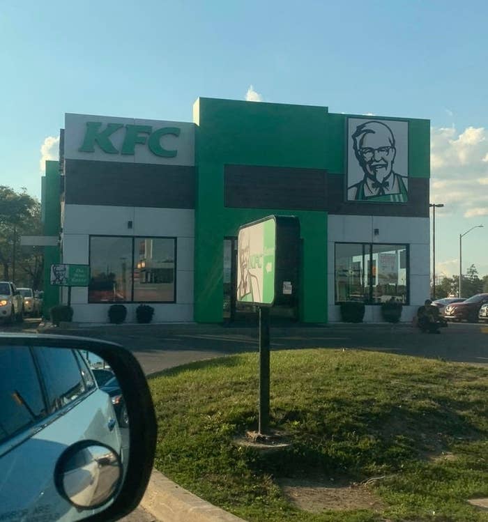 A green-themed Kentucky Fried Chicken, different from their traditional red