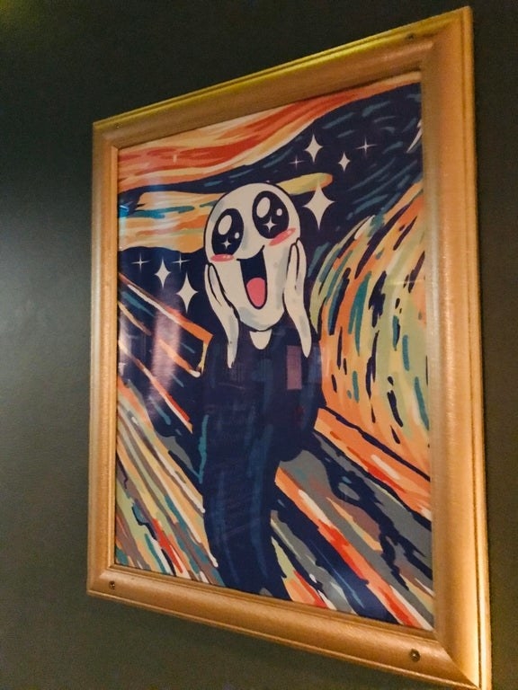 A recreation of the famous &quot;The Scream&quot; painting, using cartoonish features like big, sparkling eyes