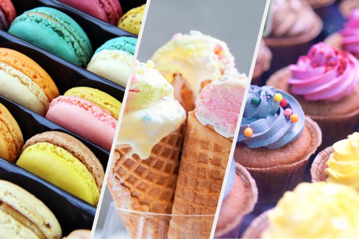 Macaroons, rainbow ice cream, and colorful cupcakes