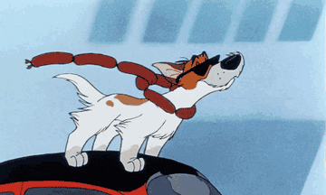 Dodger from &quot;Oliver and Company&quot; singing on top of a car, wearing sunglasses and a string of sausages around his neck
