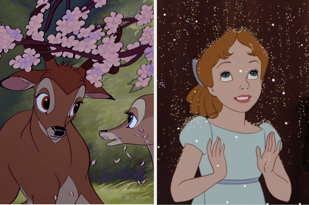 Wendy from Peter Pan being showered with pixie dust and two deer from bambi standing under some blooming flowers
