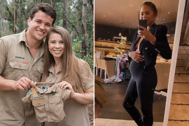 Bindi Irwin and Chandler Powell holding a baby-sized khaki shirt, and a pregnant Chrissy Teigen