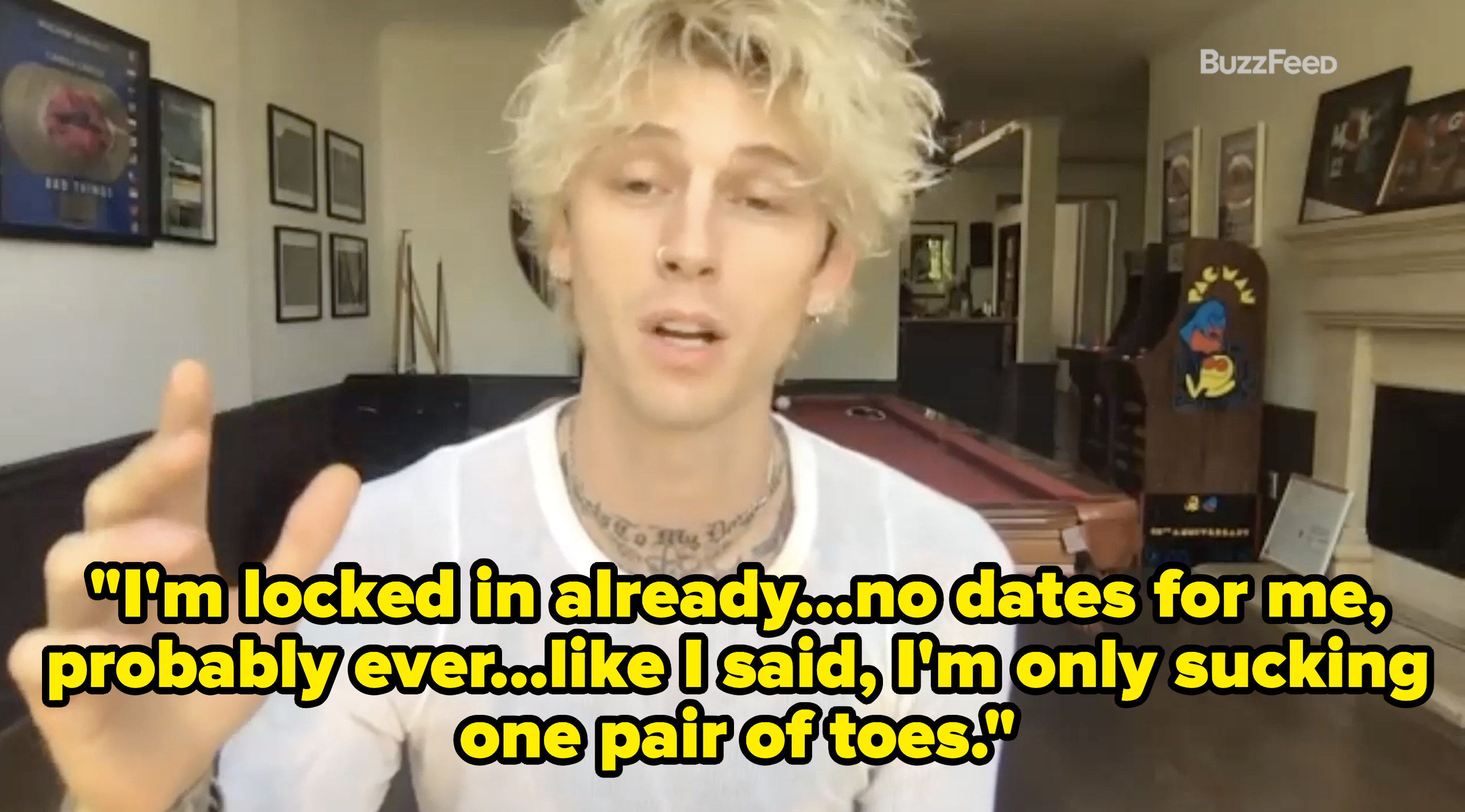 Machine Gun Kelly talking about not sucking a fan&#x27;s toes in a BuzzFeed interview. 