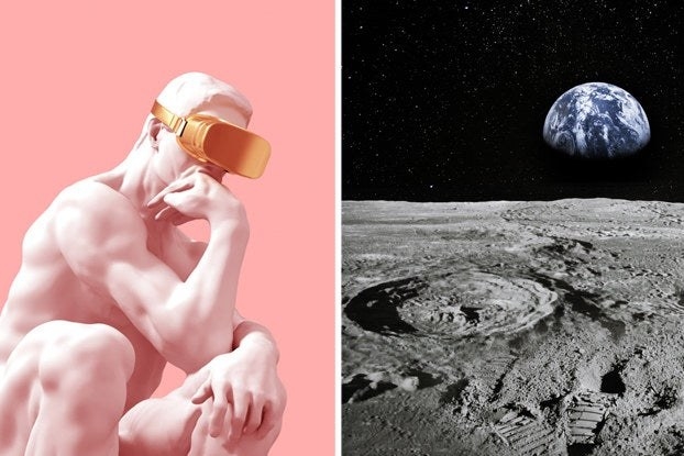 The Thinker with a pink background and eye covering, the earth as seen from the moon