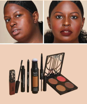 dark skin model with makeupless before and makeup after with kit of makeup that made it happen