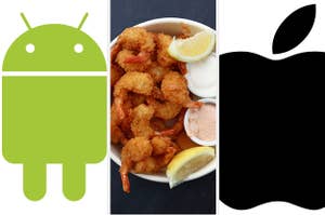 Android logo, shrimp, and iPhone logo.