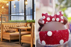 An image of a fancy restaurant next to an image of a minnie mouse candy apple