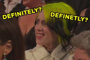 Billie Eilish crinkles her eyebrows in confusion with "Definitely" and "Definetly" typed around her head