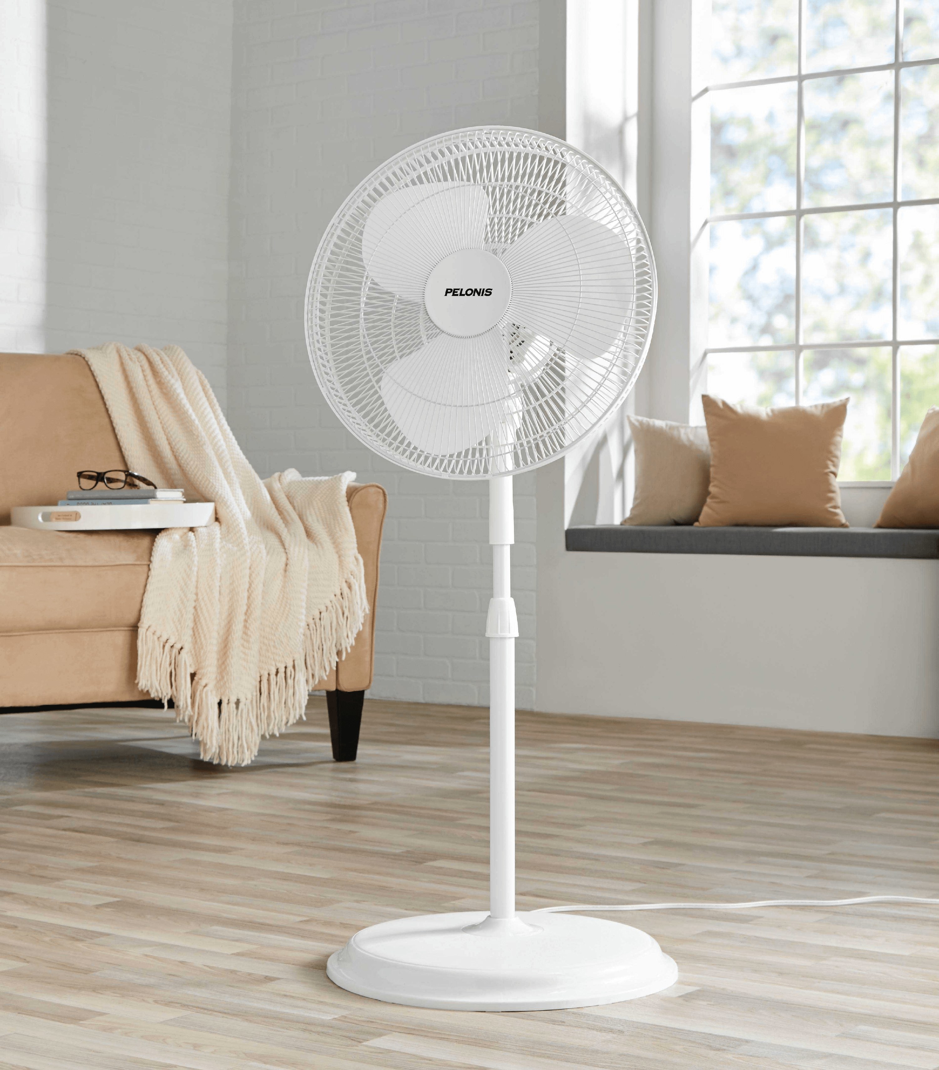white pedestal oscillating fan