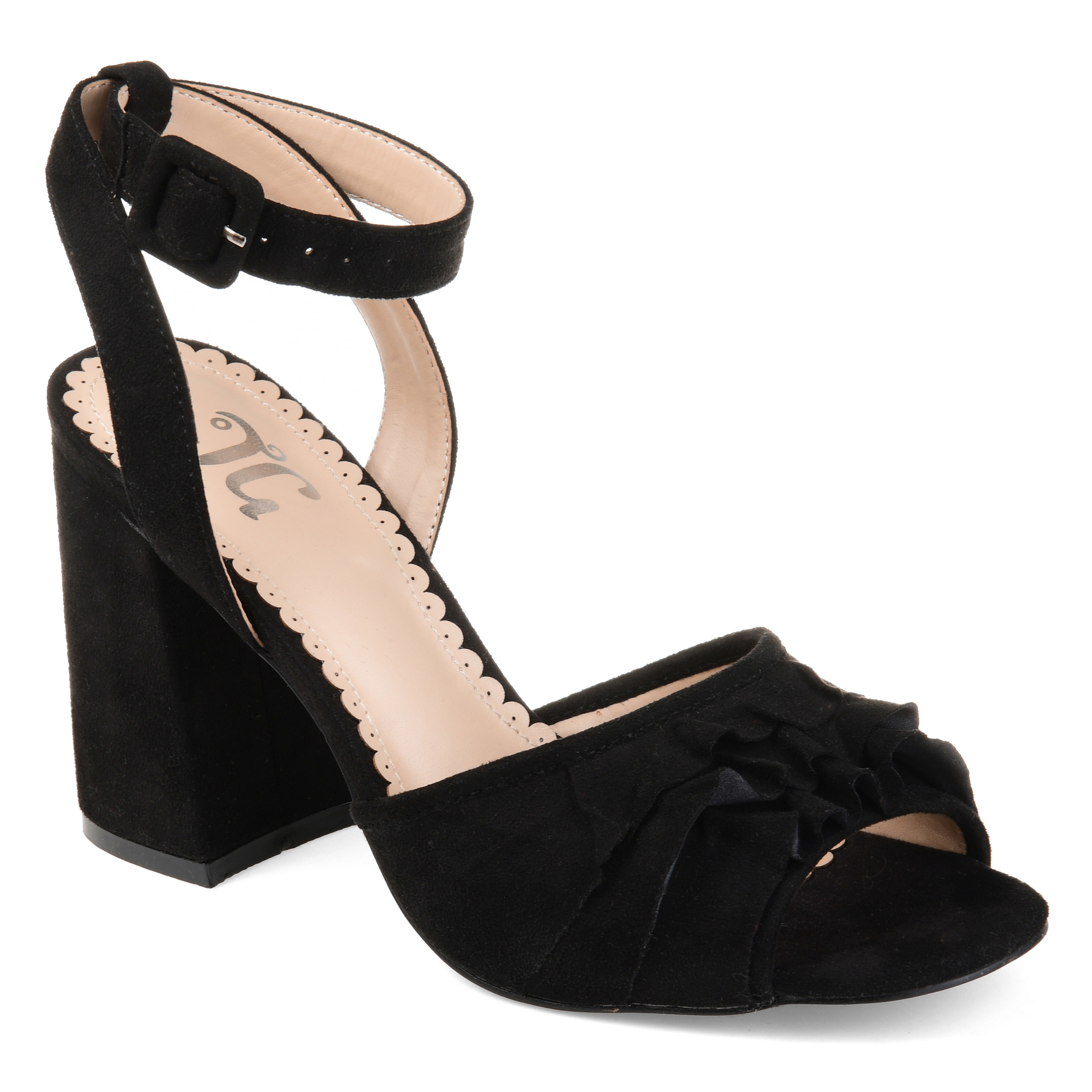 black faux suede ankle strap heels