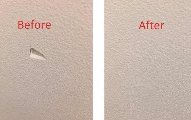 A customer review before and after showing a small dent in their wall, and the after photo showing how the kit fixed it with no hole