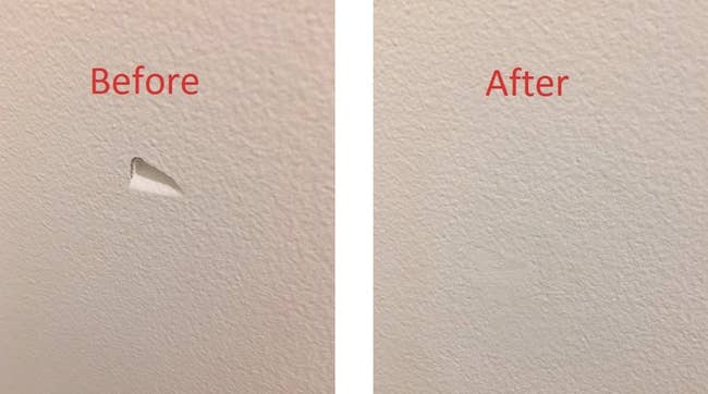 Reviewer's before and after showing a small dent in their wall, and the after photo showing how the kit fixed it with no hole
