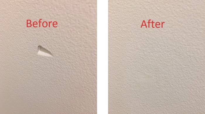 Reviewer&#x27;s before and after showing a small dent in their wall, and the after photo showing how the kit fixed it with no hole
