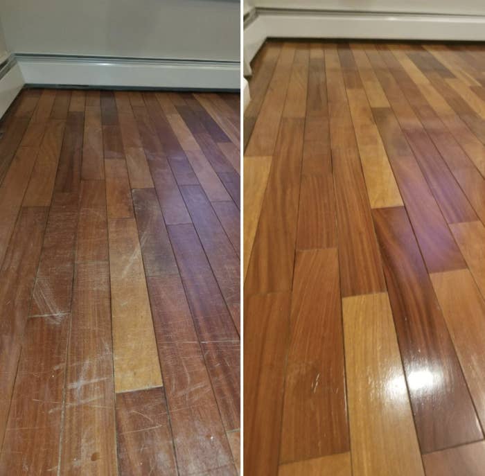 Reviewer&#x27;s before-and-after picture of wood floors with the after pic showing shiny, scratch-free floors