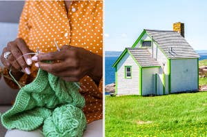 A woman knits a blanket next to an adorably tiny cottage by the ocean