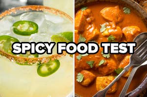 Side-by-side images of a jalapeño margarita and curry with the words "Spicy Food Test" over top