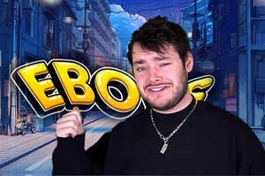 James Marriott pointing at the eboys logo