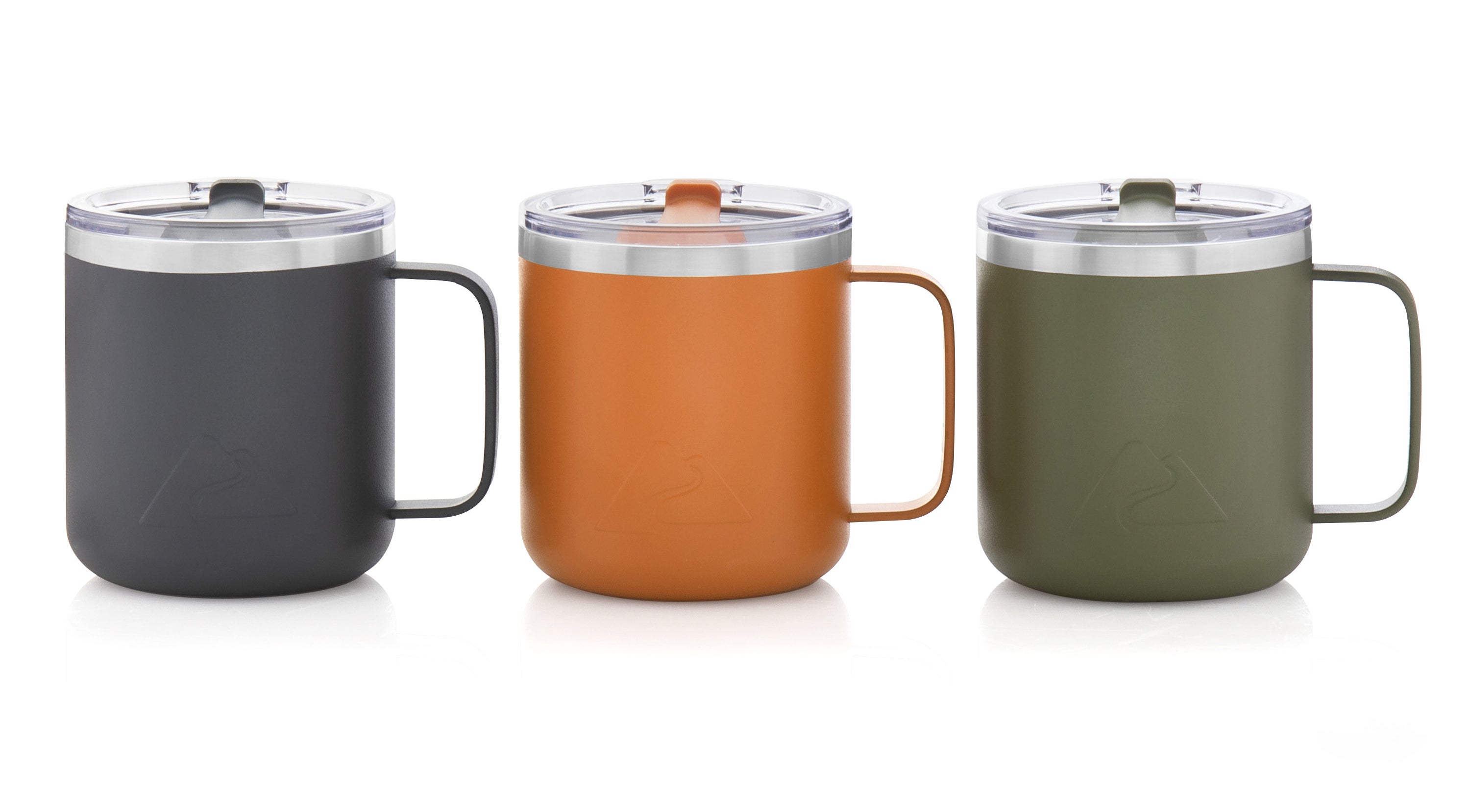 three stainless steel coffee mugs in gray, orange, and green
