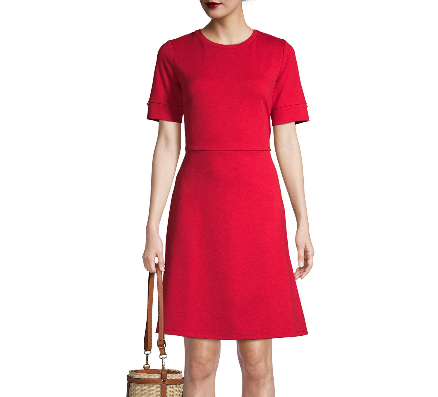 woman wearing red short sleeve fit and flare dress