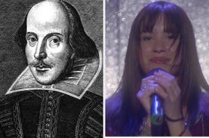 On the left, an illustration of William Shakespeare, and on the right, Demi Lovato as Mitchie in "Camp Rock"