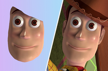 Woody from "Toy Story" with his hair and hat edited out, next to the regular Woody
