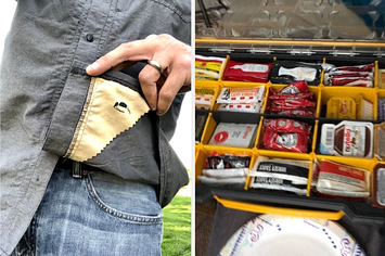 A shirt with a lens leaning cloth and a tackle box filled with sauce packets 