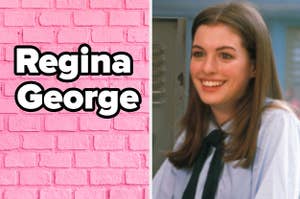 A pink brick wall on the left labeled, "Regina George," with Mia from "Princess Diaries"