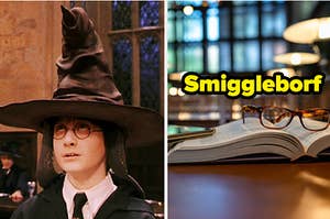 Harry Potter is wearing a sorting hat on the left with an open book on a library table on the right, labeled "Smiggleborf"