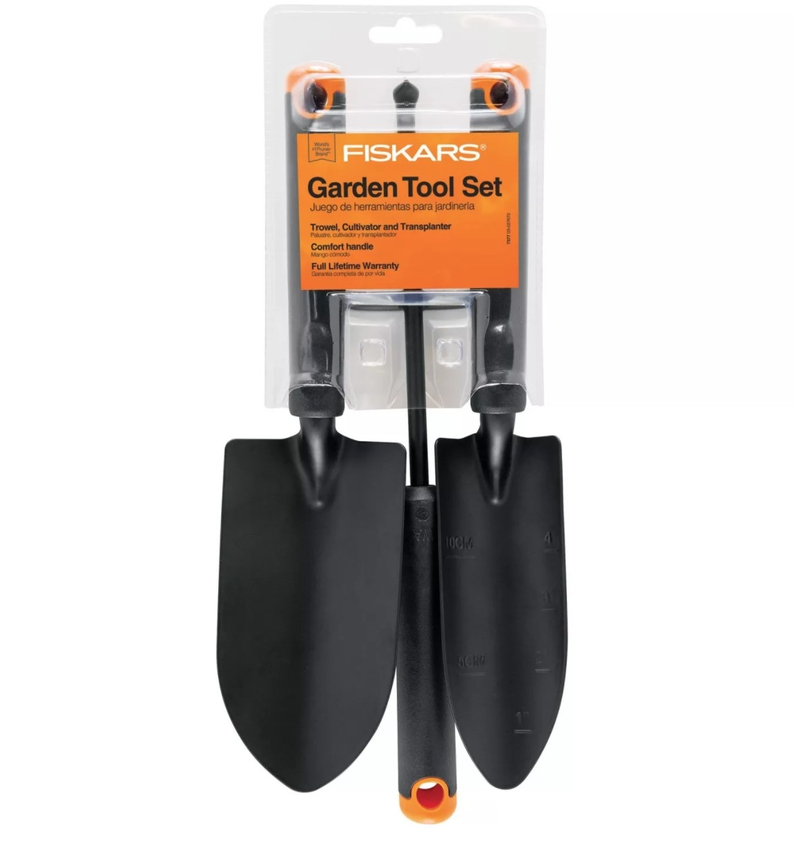 A black trowel, cultivator, and transplanter with an orange knob