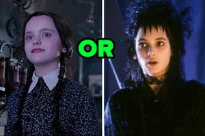 Wednesday from "Addams Family" is on the left with "or" written in the center and Lydia from "Beetlejuice" on the right