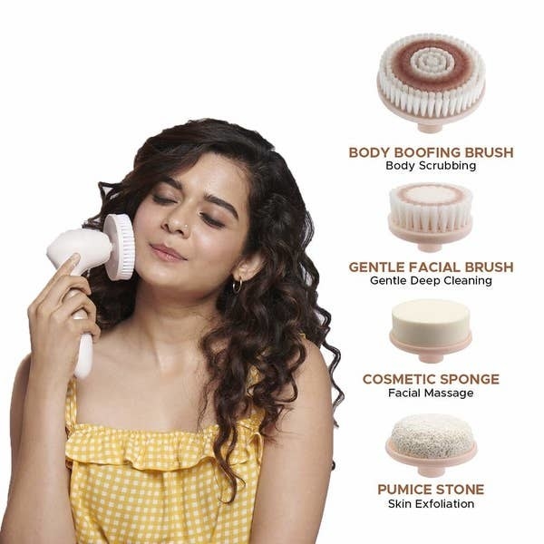 A person using the brush on their face, with the various included brushes depicted besides them.