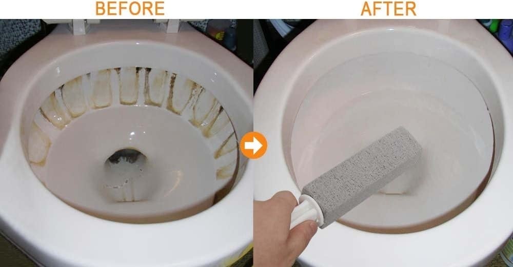 A toilet covered in stains and the same toilet bowl after being cleaned with a pumice stone wand