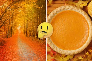Fall foliage on the left, with leaves across the road, and a pumpkin pie on the right with a thinking face emoji
