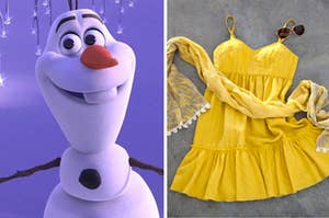 Olaf is standing in the snow under icicles with a sundress, scarf, and sunglasses on the right