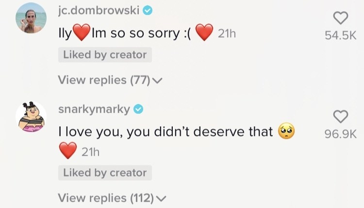 Comments saying &quot;ILY, I&#x27;m so so sorry&quot; and &quot;I love you, you didn&#x27;t deserve that,&quot; both of which have been liked by James