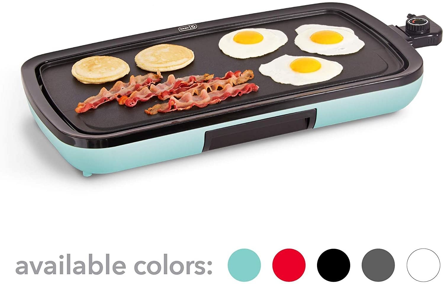 Light Blue Griddle With Bacon, Eggs, and Pancakes on it.