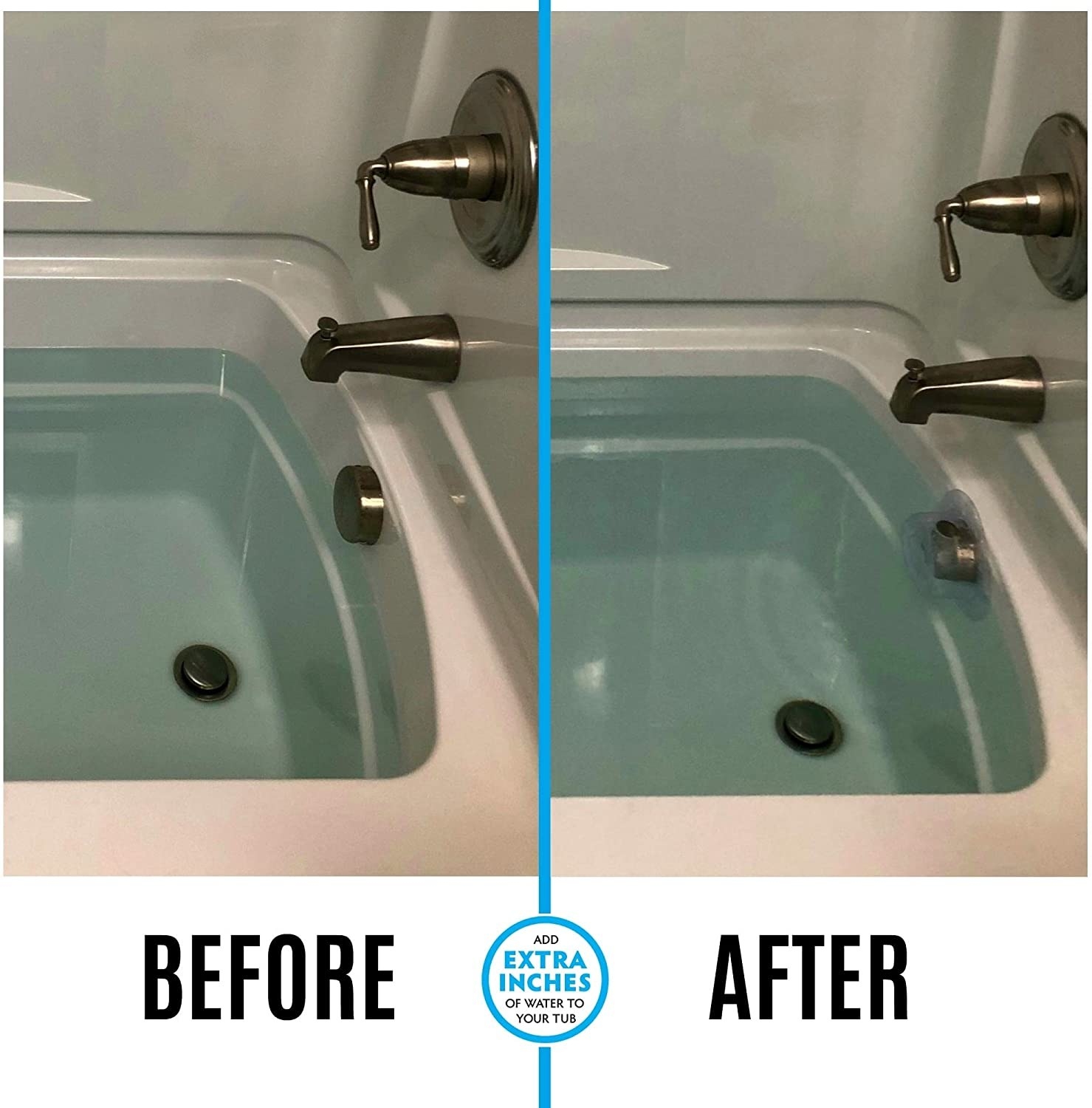 A tub with water several inches below the surface and an after picture with a drain cover and the water closer to the top of the tub