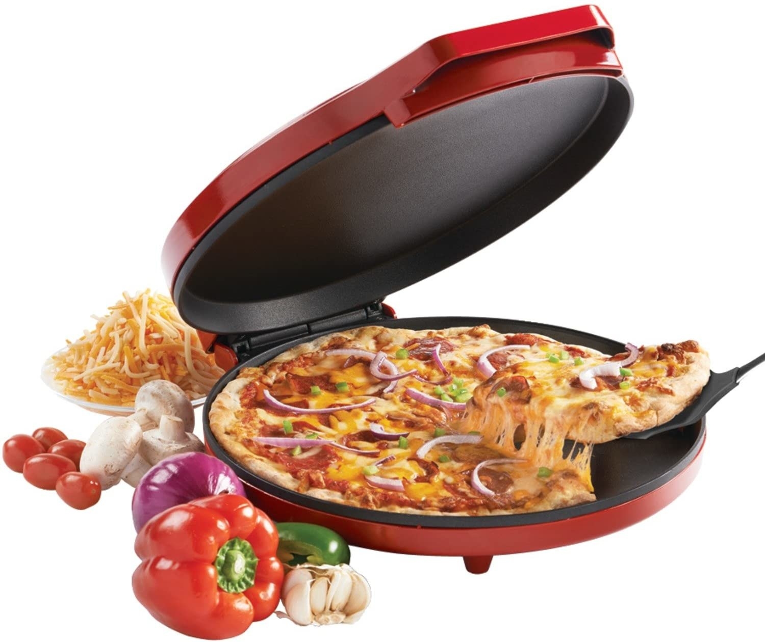 Red Pizza Maker With Pizza Inside