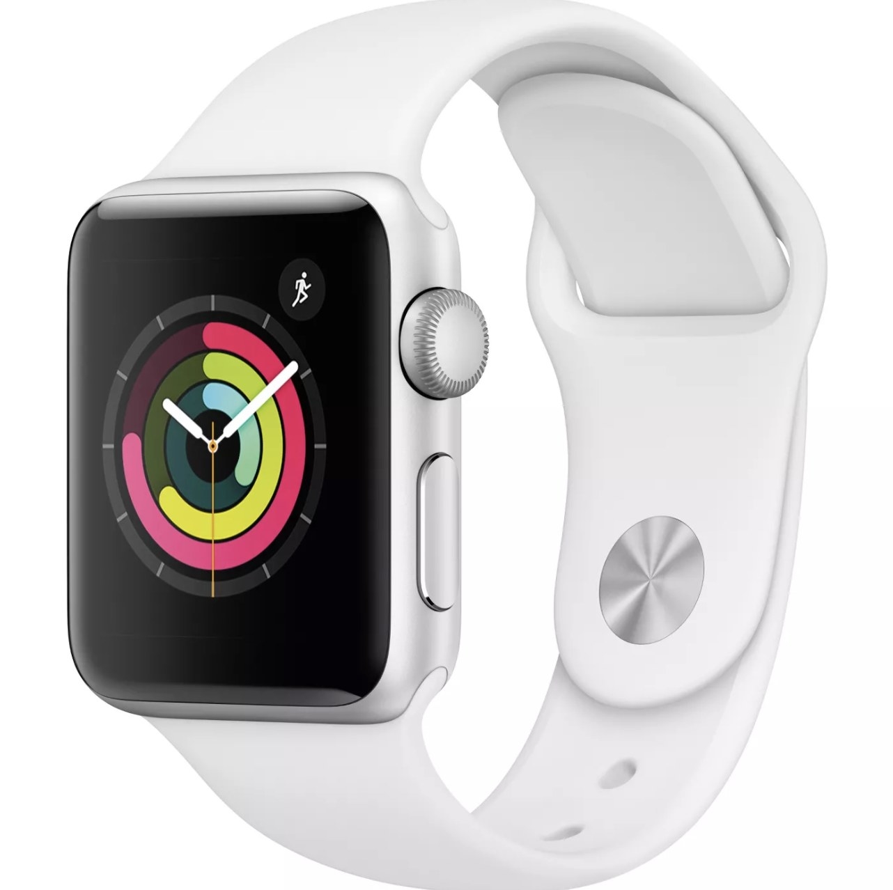 An Apple Watch with a white band and a screen showing the clock with exercise rings